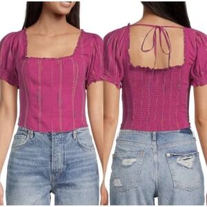 Free People Serotonin Puff Sleeve Smocked Corset Top Pink Boho Cottagecore Crop